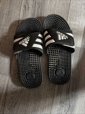 adidas Black and White Slide Sandals with Logo Straps
